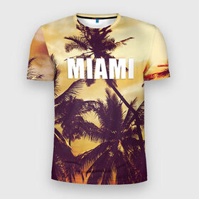 Мужская футболка 3D спортивная с принтом MIAMI в Кировске, 100% полиэстер с улучшенными характеристиками | приталенный силуэт, круглая горловина, широкие плечи, сужается к линии бедра | Тематика изображения на принте: miami | лето | майами | маями | океан | отдых | пальмы | пляж | серф