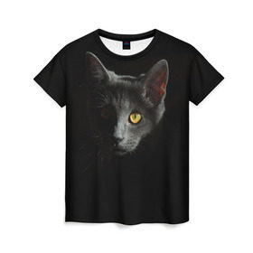 Женская футболка 3D с принтом Кошачий взгляд в Кировске, 100% полиэфир ( синтетическое хлопкоподобное полотно) | прямой крой, круглый вырез горловины, длина до линии бедер | глаз | киска | кот | котёнок | кошка | прикольные картинки | темнота | тьма