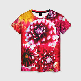 Женская футболка 3D с принтом Яркие цветы в Кировске, 100% полиэфир ( синтетическое хлопкоподобное полотно) | прямой крой, круглый вырез горловины, длина до линии бедер | красный | лепестки | прикольные картинки | цветочки | цветы