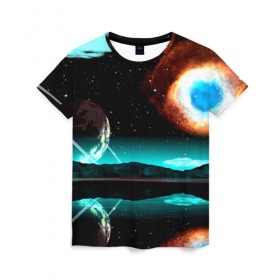 Женская футболка 3D с принтом Планета в Кировске, 100% полиэфир ( синтетическое хлопкоподобное полотно) | прямой крой, круглый вырез горловины, длина до линии бедер | вселенная | галактика | звезды | планета