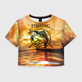 Женская футболка 3D укороченная с принтом Рыбалка в Кировске, 100% полиэстер | круглая горловина, длина футболки до линии талии, рукава с отворотами | boat | clouds | emblem | fish | fishermen | fishing | logo | nature | net | reflection | river | sky | sturgeon | sun | sunset | water | wave | вода | волна | закат | логотип | лодка | небо | облака | осетр | отражение | природа | река | рыба | рыбаки | р