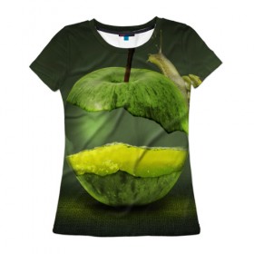 Женская футболка 3D с принтом Яблоко в Кировске, 100% полиэфир ( синтетическое хлопкоподобное полотно) | прямой крой, круглый вырез горловины, длина до линии бедер | арт | зеленый | новые | улитка | фантастика | фрукты | яблоко