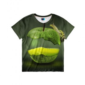 Детская футболка 3D с принтом Яблоко в Кировске, 100% гипоаллергенный полиэфир | прямой крой, круглый вырез горловины, длина до линии бедер, чуть спущенное плечо, ткань немного тянется | арт | зеленый | новые | улитка | фантастика | фрукты | яблоко