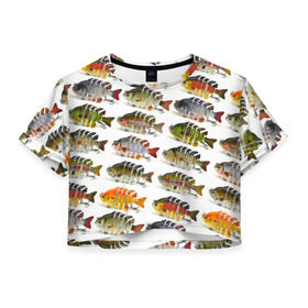 Женская футболка 3D укороченная с принтом Рыбки в Кировске, 100% полиэстер | круглая горловина, длина футболки до линии талии, рукава с отворотами | bait | fish | fishing | lure | tackle | блесна | наживка | приманка | рыба | рыбалка | снасть
