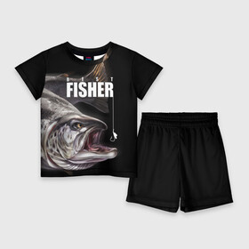 Детский костюм с шортами 3D с принтом Лучший рыбак в Кировске,  |  | background | best fisherman | black | fish | fishing | sturgeon | лучший рыбак | осетр | рыба | рыбалка | фон | черный