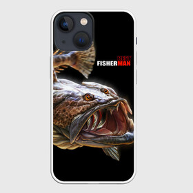 Чехол для iPhone 13 mini с принтом Лучший рыбак в Кировске,  |  | best fisherman | black background | deep | fish | fishing | jaws | predator | teeth | water | вода | глубина | зубы | лучший | пасть | рыба | рыбак | рыбалка | хищник | черный фон