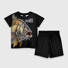 Детский костюм с шортами 3D с принтом Лучший рыбак в Кировске,  |  | background | best fisherman | black | fish | fishing | лучший рыбак | рыба | рыбалка | фон | черный