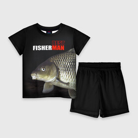 Детский костюм с шортами 3D с принтом Лучший рыбак в Кировске,  |  | background | best fisherman | black | fish | fishing | лещ | лучший рыбак | рыба | рыбалка | фон | черный