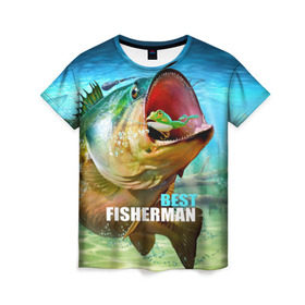 Женская футболка 3D с принтом Лучший рыбак в Кировске, 100% полиэфир ( синтетическое хлопкоподобное полотно) | прямой крой, круглый вырез горловины, длина до линии бедер | крючок | лягушка | наживка | рыба