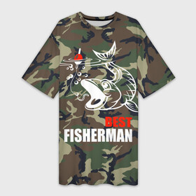 Платье-футболка 3D с принтом Лучший рыбак в Кировске,  |  | bait | best fisherman | boat | fish | fishing | hook | morning | pike | river | water | вода | камуфляж | лучший рыбак | наживка | поплавок | пузыри | рыба | рыбалка | червяк