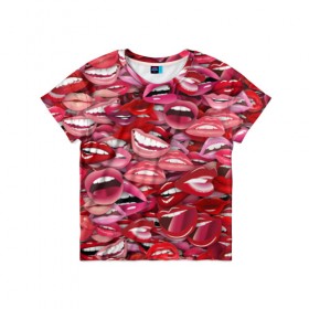Детская футболка 3D с принтом Женские рты в Кировске, 100% гипоаллергенный полиэфир | прямой крой, круглый вырез горловины, длина до линии бедер, чуть спущенное плечо, ткань немного тянется | губы | розовый | улыбка
