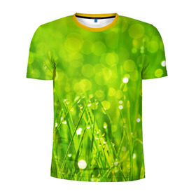 Мужская футболка 3D спортивная с принтом Роса на траве в Кировске, 100% полиэстер с улучшенными характеристиками | приталенный силуэт, круглая горловина, широкие плечи, сужается к линии бедра | зелёный | зелень | луг | роса | яркий