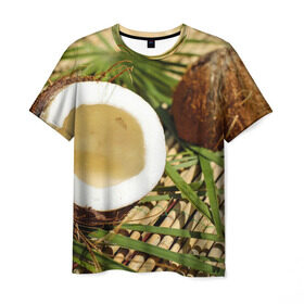 Мужская футболка 3D с принтом Кокос в Кировске, 100% полиэфир | прямой крой, круглый вырез горловины, длина до линии бедер | бамбук | белый | еда | зеленый | кокос | лето | листья | орех | природа | продукты