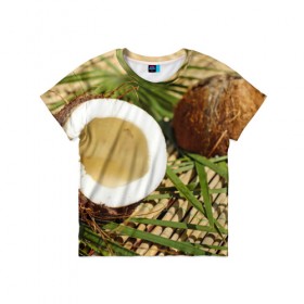 Детская футболка 3D с принтом Кокос в Кировске, 100% гипоаллергенный полиэфир | прямой крой, круглый вырез горловины, длина до линии бедер, чуть спущенное плечо, ткань немного тянется | бамбук | белый | еда | зеленый | кокос | лето | листья | орех | природа | продукты