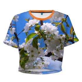 Женская футболка 3D укороченная с принтом Вишнёвый цвет в Кировске, 100% полиэстер | круглая горловина, длина футболки до линии талии, рукава с отворотами | весна | вишня | лепестки | прикольные картинки | цветение | цветы