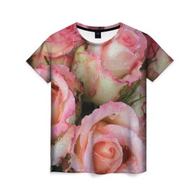 Женская футболка 3D с принтом Розы в Кировске, 100% полиэфир ( синтетическое хлопкоподобное полотно) | прямой крой, круглый вырез горловины, длина до линии бедер | букет | вода | капли | лепестки | природа | растения | розовые | розы | роса | цветок | цветы