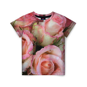 Детская футболка 3D с принтом Розы в Кировске, 100% гипоаллергенный полиэфир | прямой крой, круглый вырез горловины, длина до линии бедер, чуть спущенное плечо, ткань немного тянется | Тематика изображения на принте: букет | вода | капли | лепестки | природа | растения | розовые | розы | роса | цветок | цветы