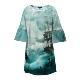 Детское платье 3D с принтом Море в Кировске, 100% полиэстер | прямой силуэт, чуть расширенный к низу. Круглая горловина, на рукавах — воланы | бочка | вода | волны | корабль | море | небо | новые | облака | океан | природа | шторм | якорь