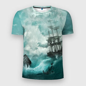 Мужская футболка 3D спортивная с принтом Море в Кировске, 100% полиэстер с улучшенными характеристиками | приталенный силуэт, круглая горловина, широкие плечи, сужается к линии бедра | бочка | вода | волны | корабль | море | небо | новые | облака | океан | природа | шторм | якорь