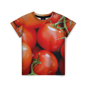 Детская футболка 3D с принтом Томаты в Кировске, 100% гипоаллергенный полиэфир | прямой крой, круглый вырез горловины, длина до линии бедер, чуть спущенное плечо, ткань немного тянется | дача | еда | зелень | красный | овощи | огород | помидоры | томаты