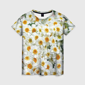 Женская футболка 3D с принтом Ромашки в Кировске, 100% полиэфир ( синтетическое хлопкоподобное полотно) | прямой крой, круглый вырез горловины, длина до линии бедер | букет | зелень | лепестки | природа | растения | ромашки | цветы