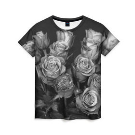 Женская футболка 3D с принтом Черно-белые розы в Кировске, 100% полиэфир ( синтетическое хлопкоподобное полотно) | прямой крой, круглый вырез горловины, длина до линии бедер | Тематика изображения на принте: букет | цветы