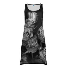 Платье-майка 3D с принтом Черно-белые розы в Кировске, 100% полиэстер | полуприлегающий силуэт, широкие бретели, круглый вырез горловины, удлиненный подол сзади. | букет | цветы