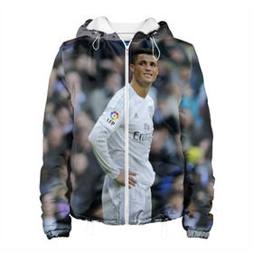 Женская куртка 3D с принтом Cristiano Ronaldo в Кировске, ткань верха — 100% полиэстер, подклад — флис | прямой крой, подол и капюшон оформлены резинкой с фиксаторами, два кармана без застежек по бокам, один большой потайной карман на груди. Карман на груди застегивается на липучку | Тематика изображения на принте: криштиану роналду | реал мадрид