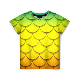 Детская футболка 3D с принтом Волны в Кировске, 100% гипоаллергенный полиэфир | прямой крой, круглый вырез горловины, длина до линии бедер, чуть спущенное плечо, ткань немного тянется | Тематика изображения на принте: желтый | паттерн | чешуя