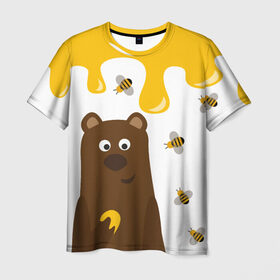 Мужская футболка 3D с принтом Медведь в мёде в Кировске, 100% полиэфир | прямой крой, круглый вырез горловины, длина до линии бедер | мёд | медведь | миша | пчелы