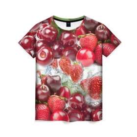Женская футболка 3D с принтом Ягоды и брызги в Кировске, 100% полиэфир ( синтетическое хлопкоподобное полотно) | прямой крой, круглый вырез горловины, длина до линии бедер | брызги | вишня | вода | клубника | летний | лето | нежный | сочный | ягода