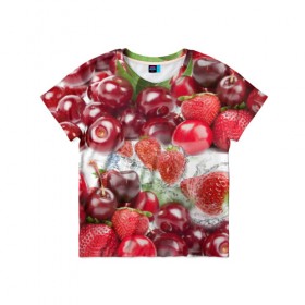 Детская футболка 3D с принтом Ягоды и брызги в Кировске, 100% гипоаллергенный полиэфир | прямой крой, круглый вырез горловины, длина до линии бедер, чуть спущенное плечо, ткань немного тянется | брызги | вишня | вода | клубника | летний | лето | нежный | сочный | ягода