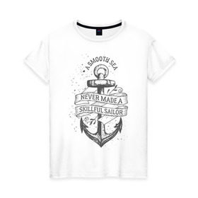 Женская футболка хлопок с принтом Гладкое море в Кировске, 100% хлопок | прямой крой, круглый вырез горловины, длина до линии бедер, слегка спущенное плечо | Тематика изображения на принте: море | моряк | символы | якорь