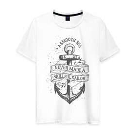 Мужская футболка хлопок с принтом Гладкое море в Кировске, 100% хлопок | прямой крой, круглый вырез горловины, длина до линии бедер, слегка спущенное плечо. | море | моряк | символы | якорь