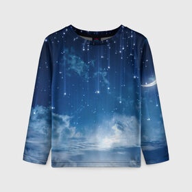 Детский лонгслив 3D с принтом Ночное небо и звёзда в Кировске, 100% полиэстер | длинные рукава, круглый вырез горловины, полуприлегающий силуэт
 | звёзды | небо | ночной | облака | синий