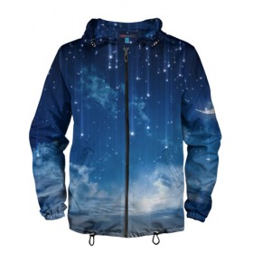 Мужская ветровка 3D с принтом Ночное небо и звёзда в Кировске, 100% полиэстер | подол и капюшон оформлены резинкой с фиксаторами, два кармана без застежек по бокам, один потайной карман на груди | звёзды | небо | ночной | облака | синий