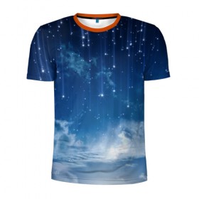Мужская футболка 3D спортивная с принтом Ночное небо и звёзда в Кировске, 100% полиэстер с улучшенными характеристиками | приталенный силуэт, круглая горловина, широкие плечи, сужается к линии бедра | Тематика изображения на принте: звёзды | небо | ночной | облака | синий