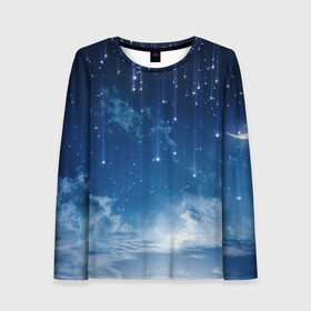 Женский лонгслив 3D с принтом Ночное небо и звёзда в Кировске, 100% полиэстер | длинные рукава, круглый вырез горловины, полуприлегающий силуэт | звёзды | небо | ночной | облака | синий