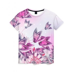Женская футболка 3D с принтом Розовые цветы в Кировске, 100% полиэфир ( синтетическое хлопкоподобное полотно) | прямой крой, круглый вырез горловины, длина до линии бедер | лепестки | прикольные картинки | розовый | цветочки | цветы