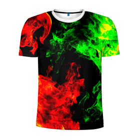 Мужская футболка 3D спортивная с принтом Огненная битва в Кировске, 100% полиэстер с улучшенными характеристиками | приталенный силуэт, круглая горловина, широкие плечи, сужается к линии бедра | Тематика изображения на принте: дым | зеленый | красный | огонь