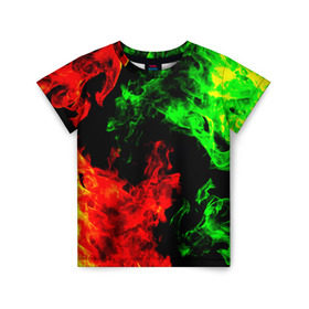 Детская футболка 3D с принтом Огненная битва в Кировске, 100% гипоаллергенный полиэфир | прямой крой, круглый вырез горловины, длина до линии бедер, чуть спущенное плечо, ткань немного тянется | дым | зеленый | красный | огонь