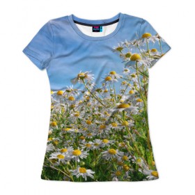 Женская футболка 3D с принтом Ромашковый рай в Кировске, 100% полиэфир ( синтетическое хлопкоподобное полотно) | прямой крой, круглый вырез горловины, длина до линии бедер | лепестки | небо | прикольные картинки | ромашки | солнце | цветочки | цветы