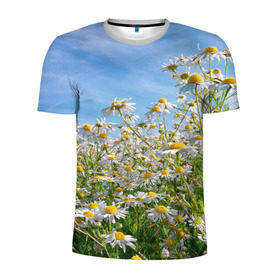Мужская футболка 3D спортивная с принтом Ромашковый рай в Кировске, 100% полиэстер с улучшенными характеристиками | приталенный силуэт, круглая горловина, широкие плечи, сужается к линии бедра | лепестки | небо | прикольные картинки | ромашки | солнце | цветочки | цветы