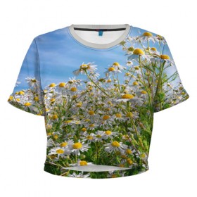 Женская футболка 3D укороченная с принтом Ромашковый рай в Кировске, 100% полиэстер | круглая горловина, длина футболки до линии талии, рукава с отворотами | лепестки | небо | прикольные картинки | ромашки | солнце | цветочки | цветы