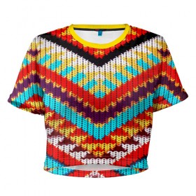 Женская футболка 3D укороченная с принтом Вышивка шерстью в Кировске, 100% полиэстер | круглая горловина, длина футболки до линии талии, рукава с отворотами | вязаный | геометрия | орнамент | свитер