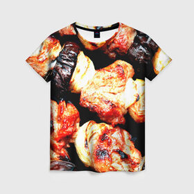 Женская футболка 3D с принтом Шашлыки в Кировске, 100% полиэфир ( синтетическое хлопкоподобное полотно) | прямой крой, круглый вырез горловины, длина до линии бедер | лето | мясо | шампур