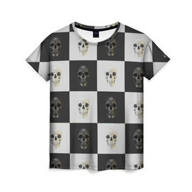 Женская футболка 3D с принтом Skullchess в Кировске, 100% полиэфир ( синтетическое хлопкоподобное полотно) | прямой крой, круглый вырез горловины, длина до линии бедер | хелоуин | череп | черное и белое | шахматы
