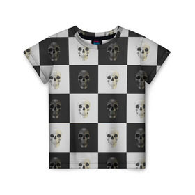 Детская футболка 3D с принтом Skullchess в Кировске, 100% гипоаллергенный полиэфир | прямой крой, круглый вырез горловины, длина до линии бедер, чуть спущенное плечо, ткань немного тянется | хелоуин | череп | черное и белое | шахматы