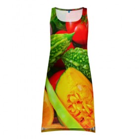 Платье-майка 3D с принтом Овощи в Кировске, 100% полиэстер | полуприлегающий силуэт, широкие бретели, круглый вырез горловины, удлиненный подол сзади. | апельсин | диета | киви | лук | овощ | огурец | помидор