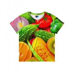 Детская футболка 3D с принтом Овощи в Кировске, 100% гипоаллергенный полиэфир | прямой крой, круглый вырез горловины, длина до линии бедер, чуть спущенное плечо, ткань немного тянется | апельсин | диета | киви | лук | овощ | огурец | помидор